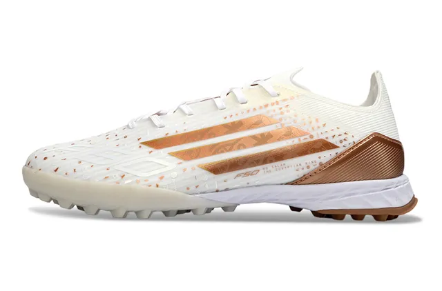 Adidas F50 White Gold Low-Cut Synthetic Upper Metallic Copper Stripe Detailing Turf Soccer Shoes 7