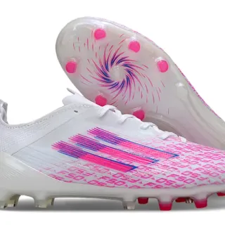 Adidas F50 सफेद गुलाबी कमर कटी हुई लेस-अप पारदर्शी सोल फर्म ग्राउंड फुटबॉल जूते