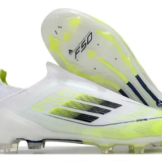 Adidas F50 White Yellow Low-Cut Sock-Fit Upper Neon Gradient Stripes Firm-Ground Soccer Shoes