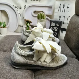 Adidas Gray Beige Laceless Design Oversized Cream Bow Straps Lifestyle Sneakers