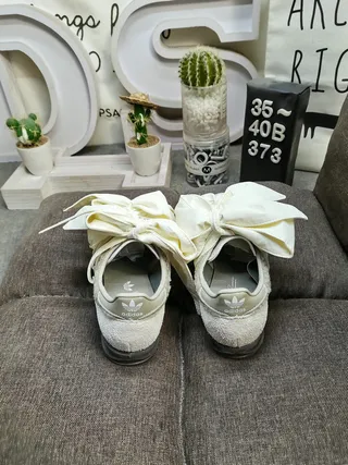 Adidas Gray Beige Laceless Design Oversized Cream Bow Straps Lifestyle Sneakers 8