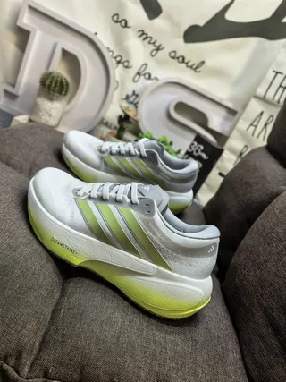 Adidas Gray Green Engineered Mesh Upper Three-Stripe Side Branding Running Shoes 7