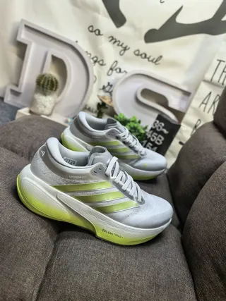 Adidas Gray Green Engineered Mesh Upper Three-Stripe Side Branding Running Shoes 9