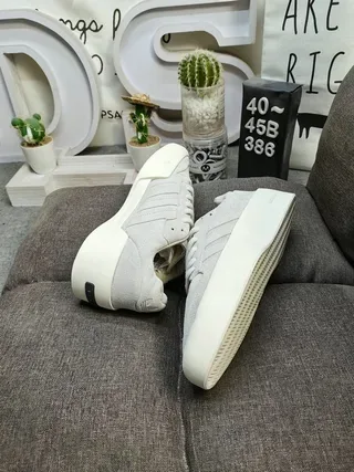 Adidas Gray White Platform Sole Suede-Like Upper Lifestyle Sneakers 6