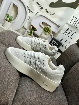 Adidas Gray White Platform Sole Suede-Like Upper Lifestyle Sneakers 7