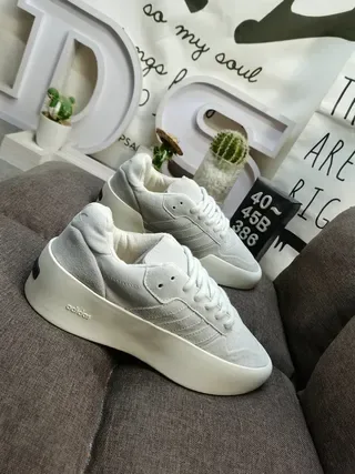 Adidas Gray White Platform Sole Suede-Like Upper Lifestyle Sneakers 9