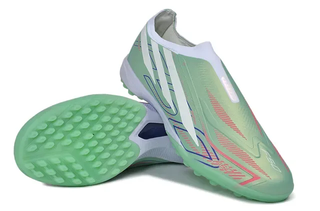 Adidas Sapatos de futebol turf verde e branco com colar sem cadarços overlay sintético cage 3
