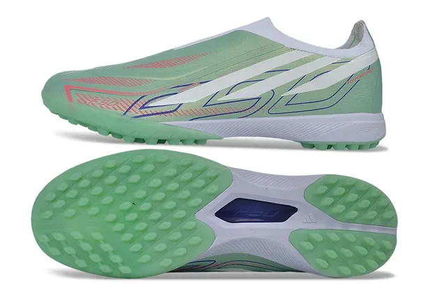 Adidas Sapatos de futebol turf verde e branco com colar sem cadarços overlay sintético cage 5