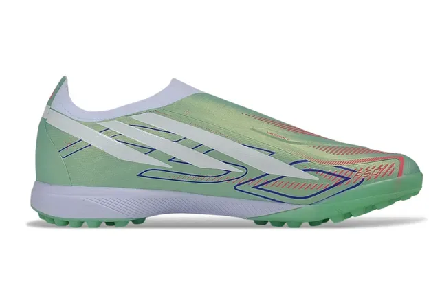 Adidas Sapatos de futebol turf verde e branco com colar sem cadarços overlay sintético cage 7