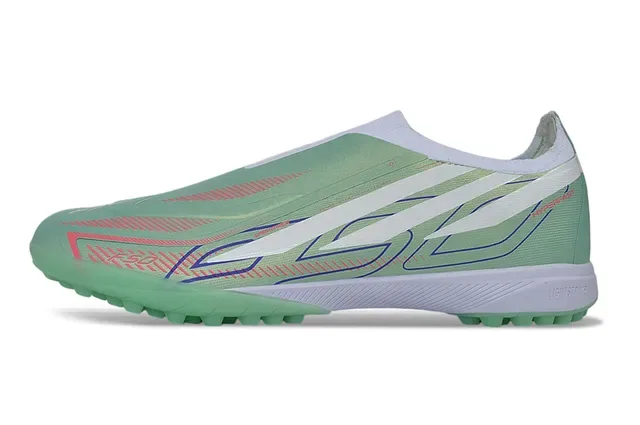 Adidas Sapatos de futebol turf verde e branco com colar sem cadarços overlay sintético cage 8