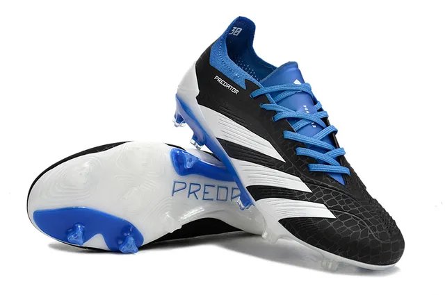 Adidas Predator Black Blue Hexagonal-Textured Upper Three White Stripes Firm-Ground Soccer Shoes 4