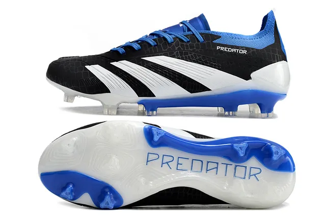 Adidas Predator Black Blue Hexagonal-Textured Upper Three White Stripes Firm-Ground Soccer Shoes 6