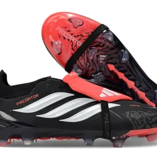 Adidas Predator Black Red Laceless Strap Closure Molded TPU Heel Counter Firm-Ground Soccer Shoes