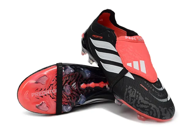 Adidas Predator Black Red Laceless Strap Closure Molded TPU Heel Counter Firm-Ground Soccer Shoes 13