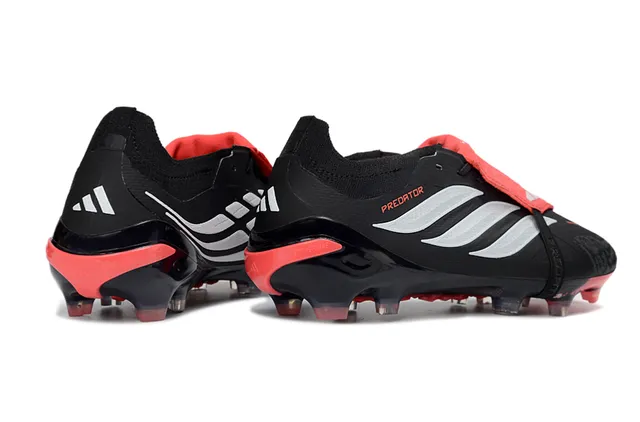 Adidas Predator Black Red Laceless Strap Closure Molded TPU Heel Counter Firm-Ground Soccer Shoes 14