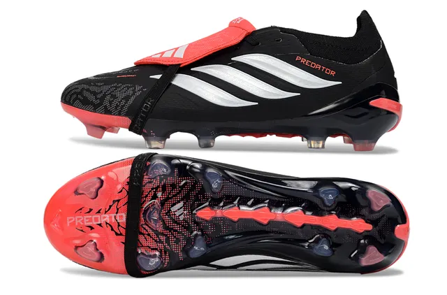 Adidas Predator Black Red Laceless Strap Closure Molded TPU Heel Counter Firm-Ground Soccer Shoes 15
