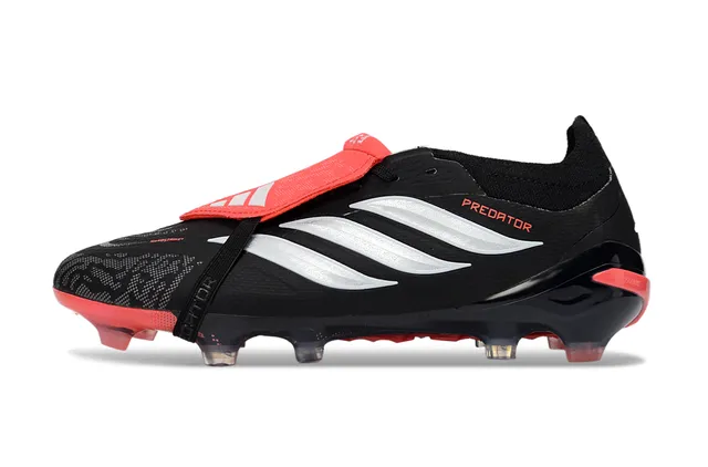 Adidas Predator Black Red Laceless Strap Closure Molded TPU Heel Counter Firm-Ground Soccer Shoes 16