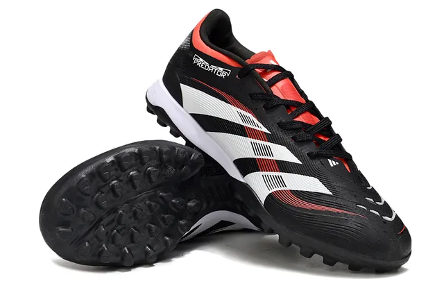 Adidas Predator Noir Rouge Bas Coupe Lacets Rayures Trois Panneau Latéral Chaussures de Football Turf 4