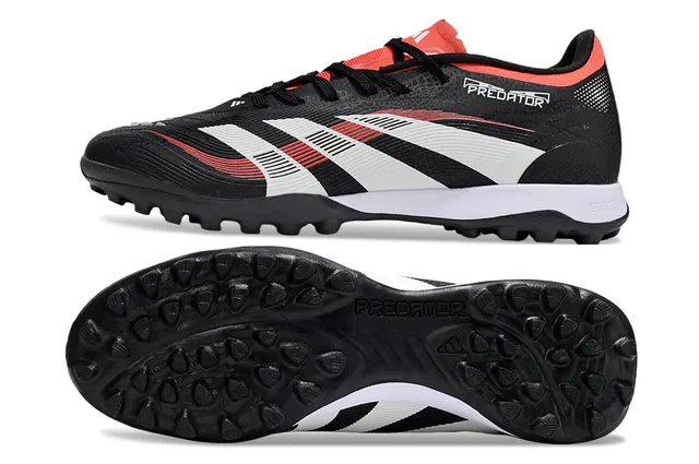 Adidas Predator Noir Rouge Bas Coupe Lacets Rayures Trois Panneau Latéral Chaussures de Football Turf 6