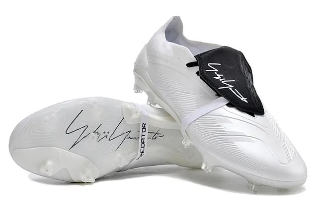 Adidas Predator White Black Laceless Strap Closure Textured Synthetic Upper Firm-Ground Soccer Shoes 4