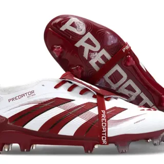 Adidas Predator White Burgundy Asymmetrical Lace Strap Three-Stripe Overlay Firm-Ground Soccer Shoes