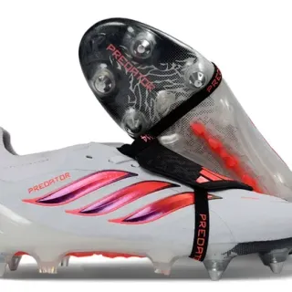Adidas Predator सफेद गुलाबी ऊपरी इंद्रधनुषी पट्टियाँ फर्म ग्राउंड फुटबॉल जूते