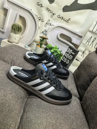 Adidas Samba Black White Leather Upper Three-Stripe Side Loafer 9