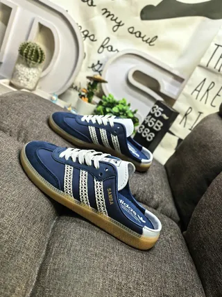 Adidas Samba Navy Blue Perforated Stripe Slip-On Lifestyle Sneakers 7