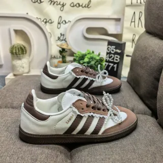 Adidas Samba White Brown Pearl-Embellished Lace Bow Lifestyle Sneakers