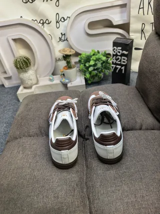 Adidas Samba White Brown Pearl-Embellished Lace Bow Lifestyle Sneakers 8
