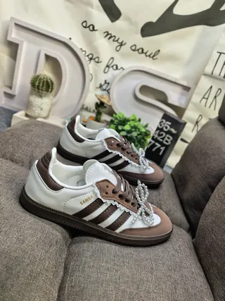 Adidas Samba White Brown Pearl-Embellished Lace Bow Lifestyle Sneakers 9