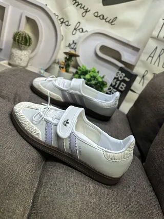 Adidas Samba White Purple Laceless Velcro Strap Three-Stripe Side Panel Lifestyle Sneakers 7