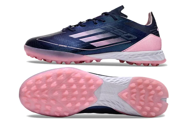 Adidas Speedportal Navy Pink Chaussures de football synthétiques basses rayures dégradées détails gazon artificiel 6