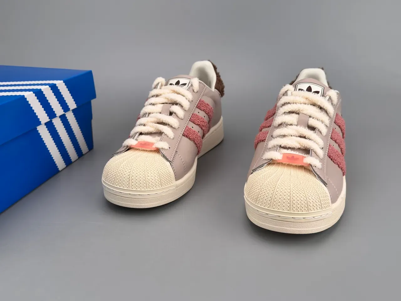 Adidas Superstar Beige Pink Fuzzy Stripe Lifestyle Sneakers 3