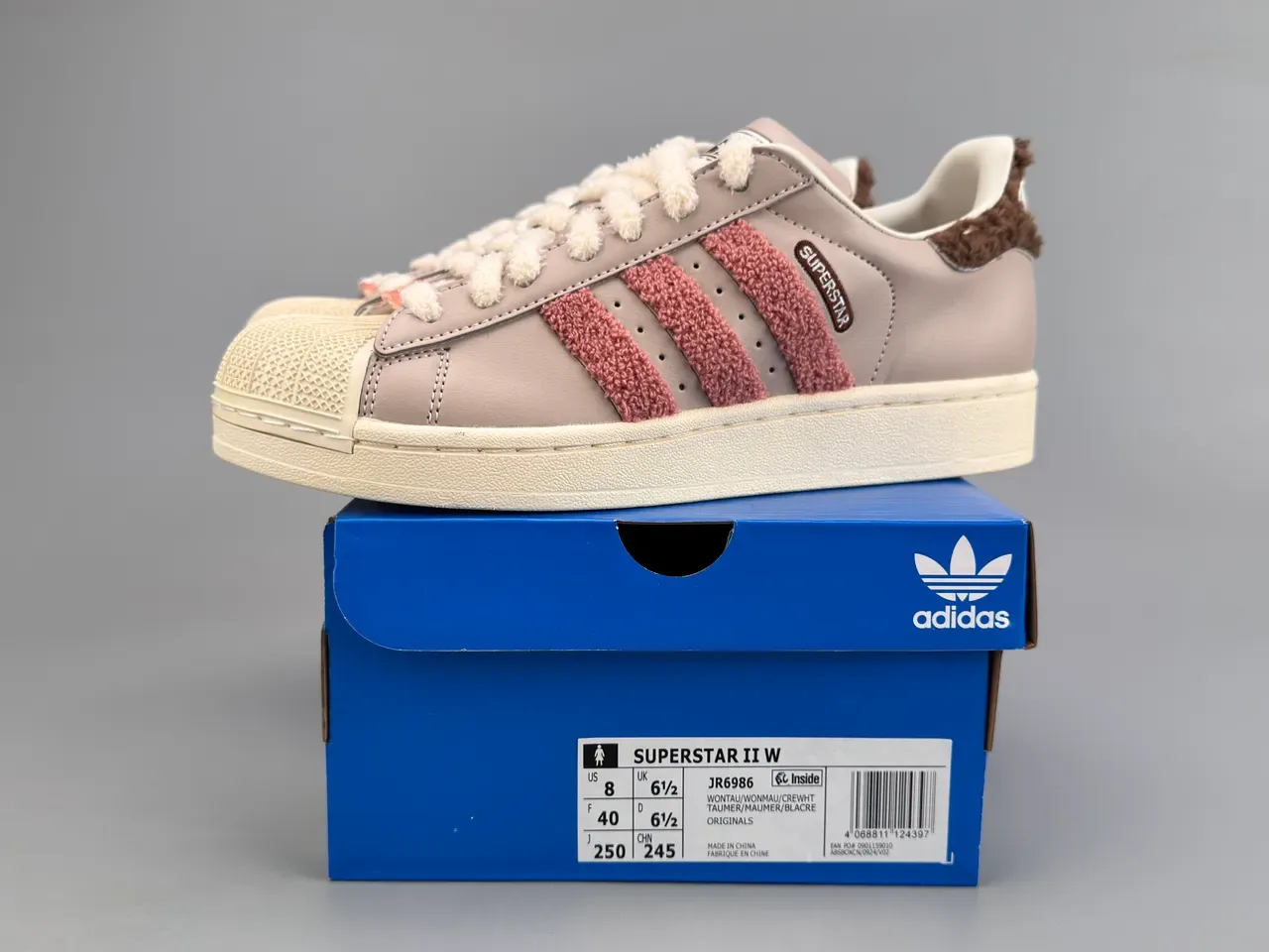 Adidas Superstar Beige Pink Fuzzy Stripe Lifestyle Sneakers 4