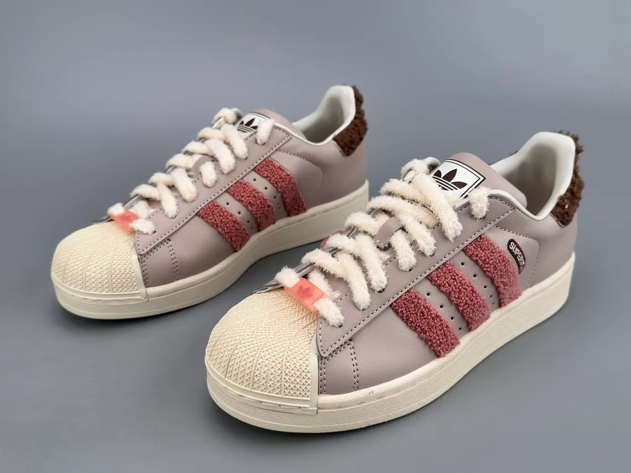 Adidas Superstar Beige Pink Fuzzy Stripe Lifestyle Sneakers 5