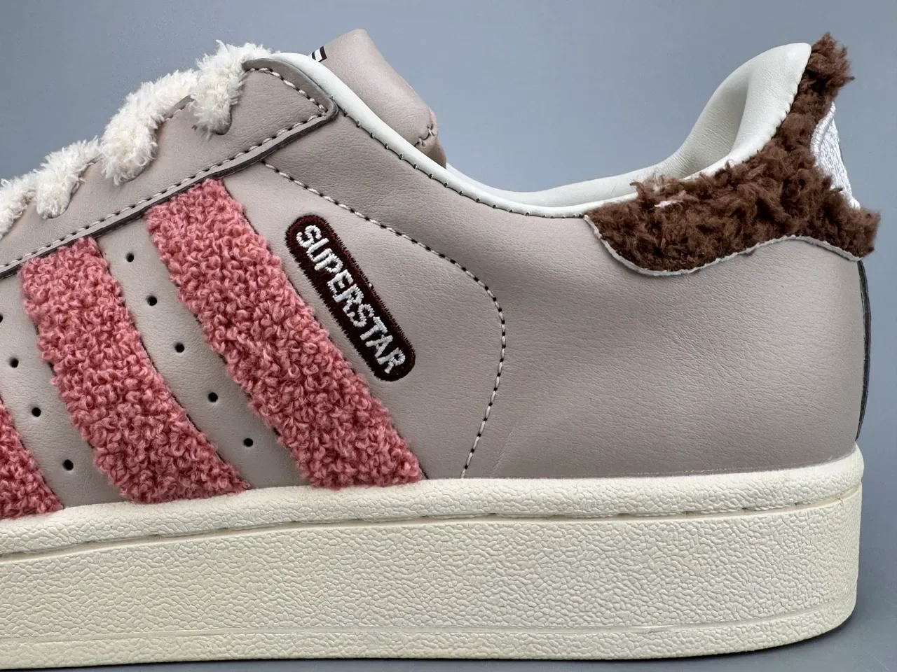 Adidas Superstar Beige Pink Fuzzy Stripe Lifestyle Sneakers 7