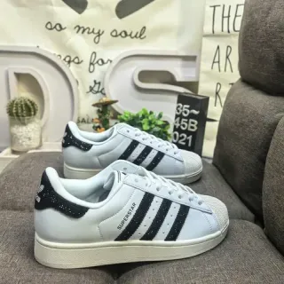 Adidas Superstar White and Black Glitter Heel Tab Lifestyle Sneakers