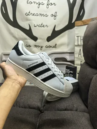 Adidas Superstar White and Black Glitter Heel Tab Lifestyle Sneakers 5