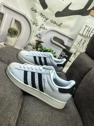 Adidas Superstar White and Black Glitter Heel Tab Lifestyle Sneakers 7