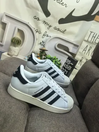 Adidas Superstar White and Black Glitter Heel Tab Lifestyle Sneakers 9