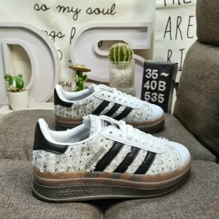 Adidas White Black Tweed-Textured Upper Three Stripes Lifestyle Sneakers