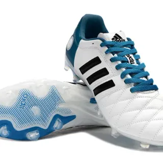 Adidas White Blue Quilted Leather Upper Three Black Stripes Firm-Ground Soccer Shoes