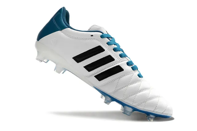 Adidas White Blue Quilted Leather Upper Three Black Stripes Firm-Ground Soccer Shoes 2