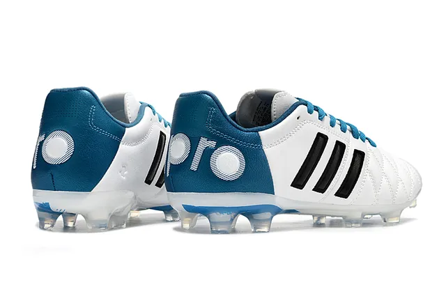 Adidas White Blue Quilted Leather Upper Three Black Stripes Firm-Ground Soccer Shoes 4