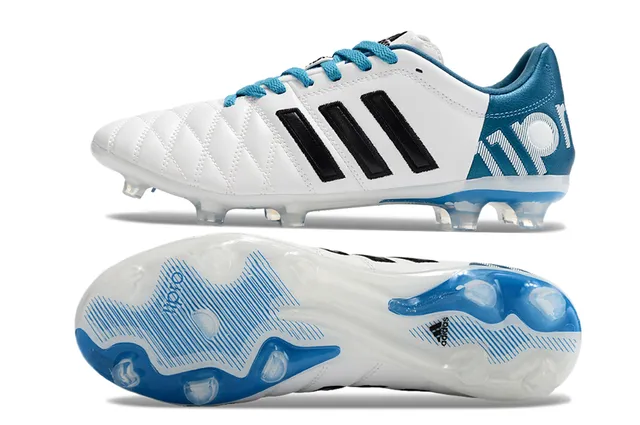 Adidas White Blue Quilted Leather Upper Three Black Stripes Firm-Ground Soccer Shoes 5