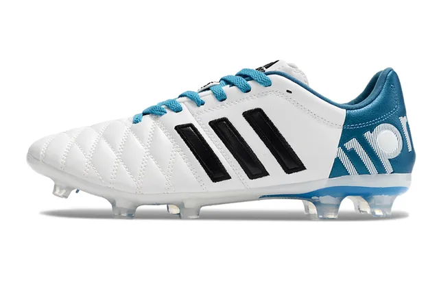 Adidas White Blue Quilted Leather Upper Three Black Stripes Firm-Ground Soccer Shoes 6