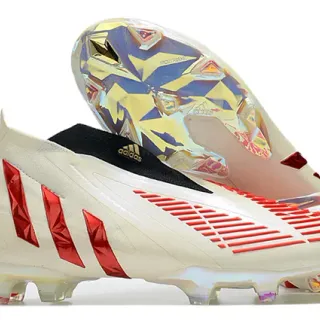Adidas White Red Low-Cut Bootie Iridescent Soleplate Firm-Ground Soccer Shoes