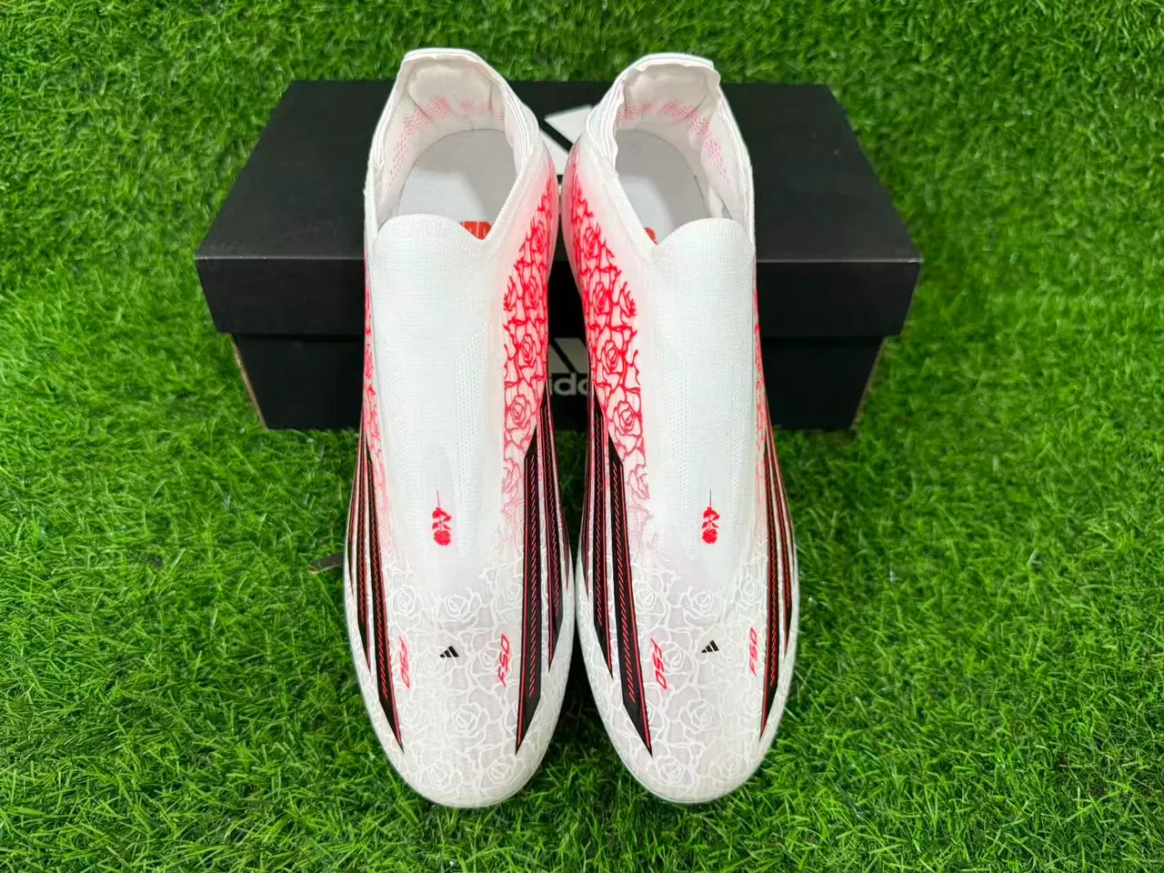 Adidas White Red Low-Cut Sock-Fit Upper Translucent Iridescent Soleplate Firm-Ground Soccer Shoes 13