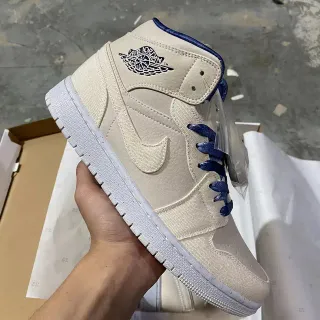 Air Jordan 1 Beige Navy High-Top Canvas-and-Leather Upper Basketball Shoes